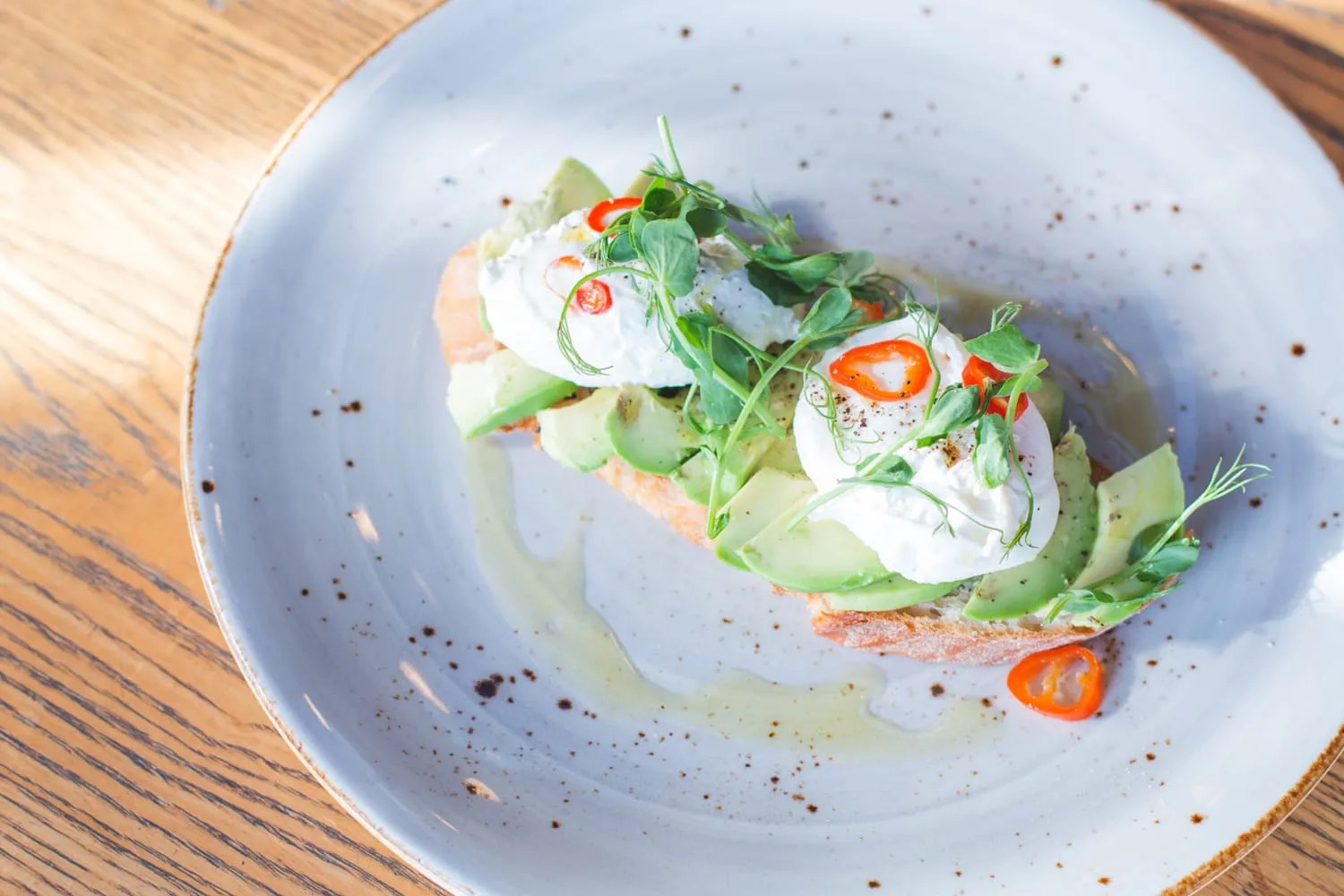 Poached eggs and avocado on toast, from above
