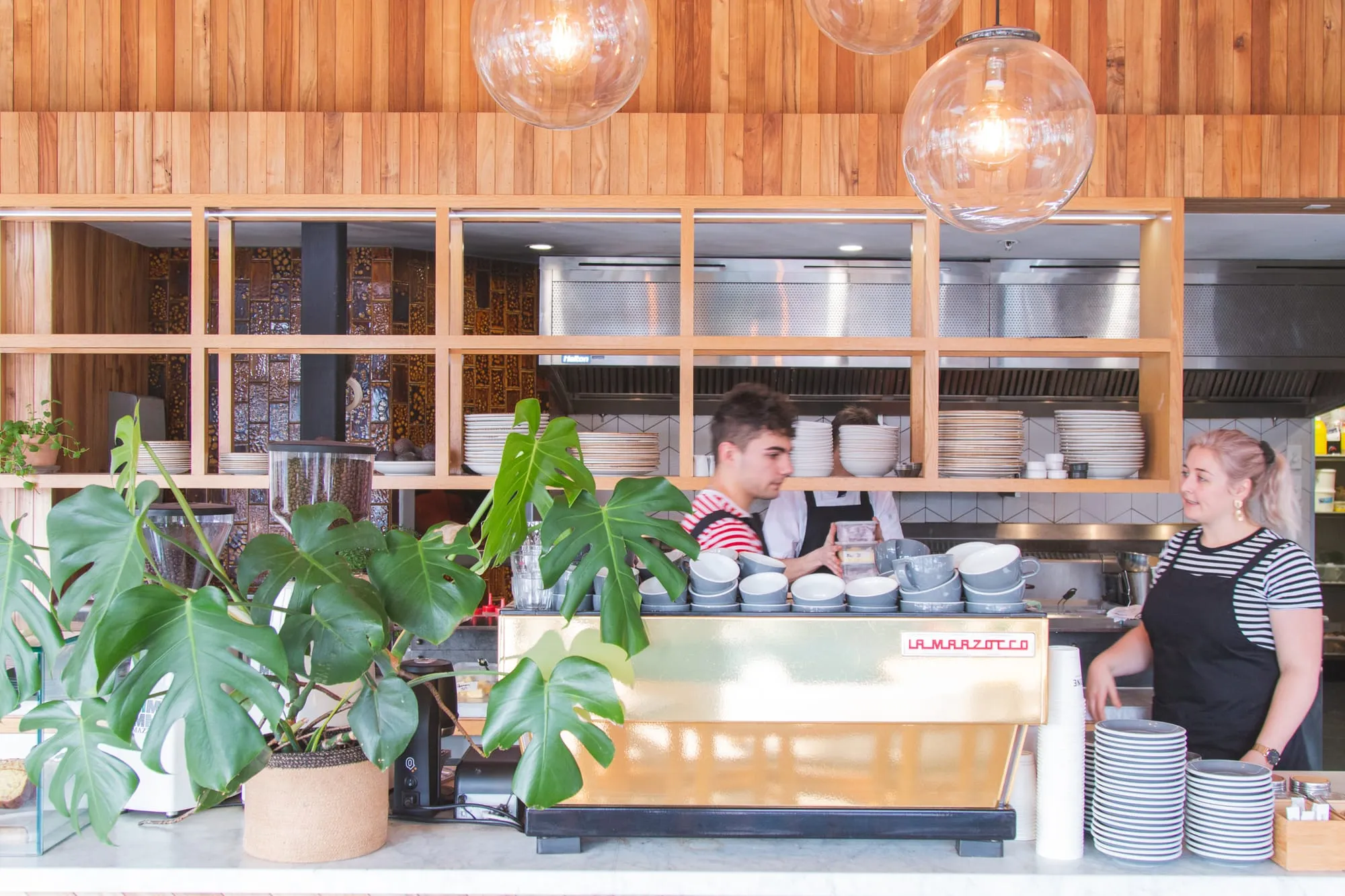 The open kitchen and pass, with plants on the counter